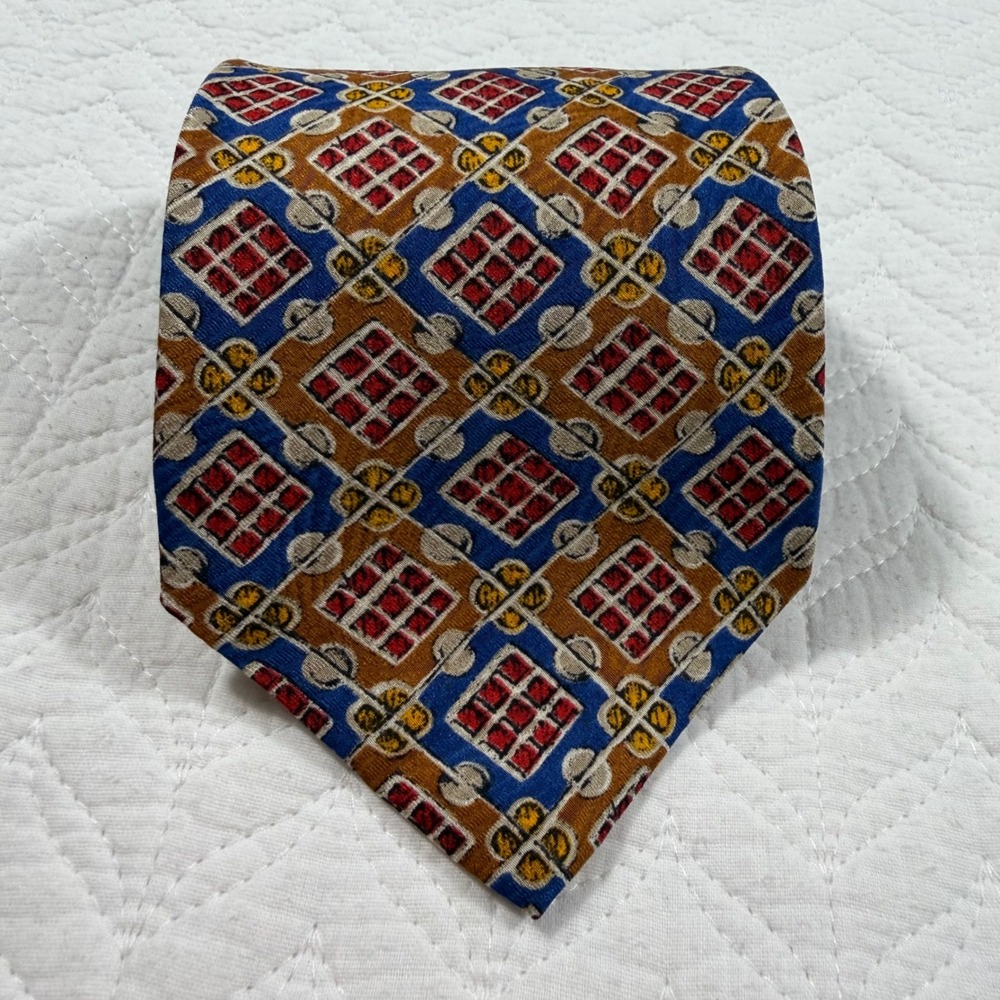Fumagallis 100% Silk Hand Made in Spain Neck Tie Mens Geometric Pattern Blue Red
